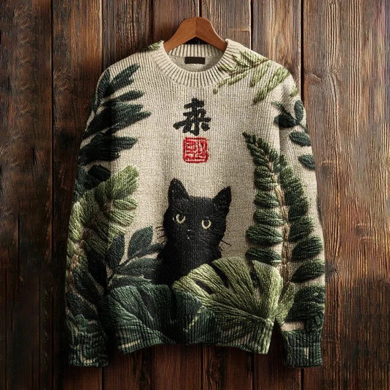 Summerio Shirt's Black Cat Forest Graphic Knit Sweater for Men